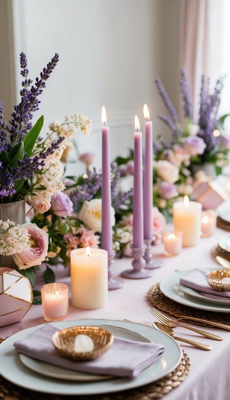 I love the idea of lavender-scented candle favors for a spring wedding. These small gifts add a lovely touch to the decor and give guests something special to take home. Simple Purple Wedding Decor, Purple And Yellow Decorations, Pastel Wedding Aesthetic, Purple Candle Centerpieces, Small Floral Centerpieces, Lavender And Yellow Wedding, Lavender Wedding Centerpieces, Light Yellow Weddings, Purple Wedding Tables