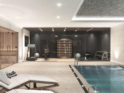 Private Gym Luxury, Indoor Pool With Gym, Home Pool Indoor, Spa Gym At Home, Home Spa And Gym, Basement Pool Ideas, Home Gym With Pool, Dream Home Gym Luxury Fitness Rooms, Modern Pool Design Luxury Homes