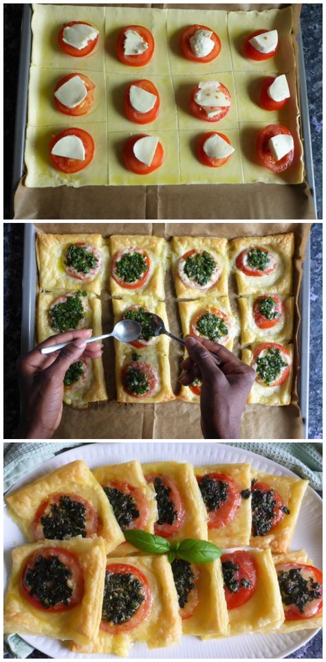 Tomato Basil Mozzarella Puff Pastry Tart, Puff Pastry Recipes Mozarella, Puff Pastry Mozzarella, Basil Puff Pastry, Tomato Puff Pastry, Puff Pastry Tomato, Puff Pastry Squares, Tomato Tarts, Pastry Squares