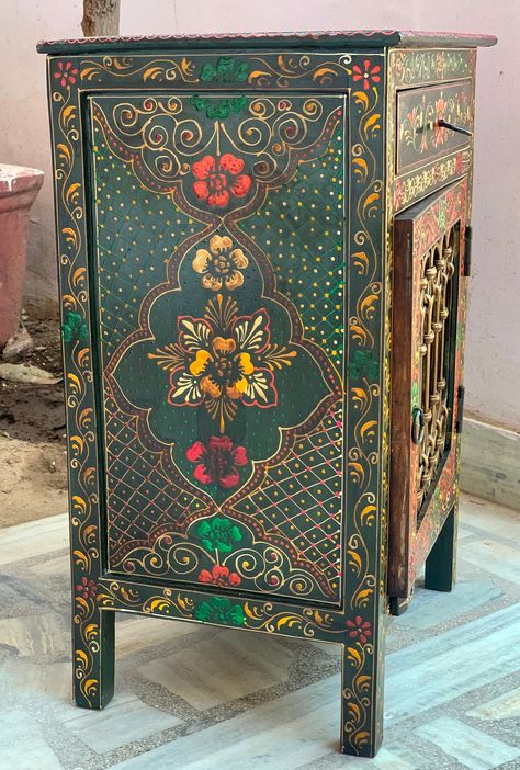 Embossed Painted Cupboard/wooden Hand Carved Cabinet/metal Jali Work//single Drawer Table Decor/small Floral Bedside Almirah/indian Decor - Etsy Carved Cabinet, Almirah Designs, Indian Room Decor, Painted Cabinet, Drawer Table, Small Crafts, Boho Furniture, Hieronymus Bosch, Diy Furniture Renovation