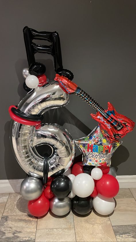 Acdc Party, Balloon Guitar, Music Birthday Party Theme, Elvis Party, Guitar Birthday, Music Birthday Party, Balloon Arrangement, Rock Star Party, Balloon Ideas