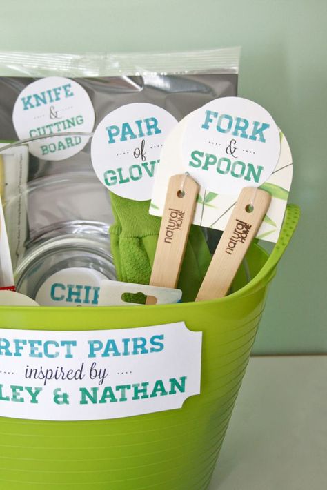 Wedding shower theme. Things that come in pairs. Perfect Pairs Gift Basket, Practical Bridal Shower Gifts, Bridal Shower Gift Basket, Cheap Wedding Gifts, Chips Dip, Wedding Shower Themes, Coolest Gadgets, Game Prizes, Wedding Shower Gifts