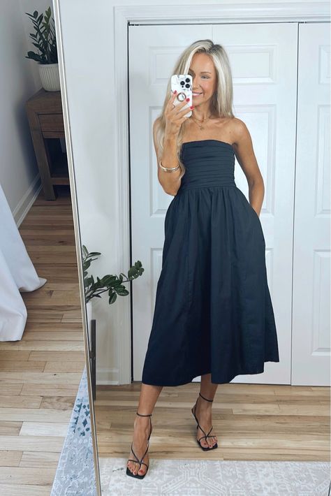 Emerson Strapless Poplin Midi Dress curated on LTK Black Strapless Dress Outfit, Strapless Dress Jewelry, Black Strapless Midi Dress, Strapless Summer Dress, Fashion Diary, Midi Dress Style, Black Strappy Sandals, Summer Black Dress, Strapless Midi Dress