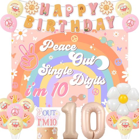 PRICES MAY VARY. Package Includes: You will get 15 x latex balloons(12 inches), 1 x number 10 foil balloon(No Helium Supported), 1 x daisy foil balloon(No Helium Supported), 1 x happy birthday banner, 1 x peace out single digits i’m 10 cake topper, 1 x peace out single digits i’m 10 backdrop, which can meet your groovy 10th birthday party decoration needs Peace Out Single Digits I’m 10 Backdrop: The boho 10th birthday backdrop is made of high quality vinyl material, which is durable and reusable Peace Out Single Digits Party, Double Digit Birthday Ideas, Boho Happy Birthday, Peace Out Single Digits, Cake Topper Number, Champagne Birthday, 10 Birthday Cake, Tenth Birthday, Girl Bday Party