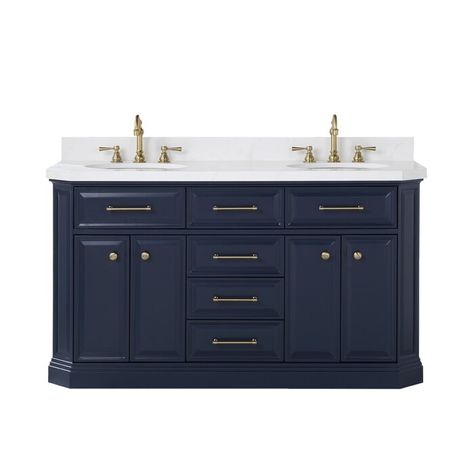 House of Hampton® Palace 60" Double Bathroom Vanity Set | Wayfair Quartz Vanity, Blue Bathroom Vanity, Quartz Vanity Tops, Waterfall Faucet, Quartz Countertop, White Quartz Countertop, Double Vanity Bathroom, Double Sink Bathroom, Double Sink Vanity