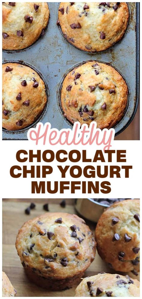 You'll totally love these Chocolate Chip Yogurt Muffins! Bakery style, warm, melt-in-your-mouth fun! Hearty, delicious muffins bursting with chocolate chips and made with Greek yogurt, because we love to use Greek yogurt! Perfect healthy picnic treat! Chocolate Chip Muffins With Yogurt, Greek Yogurt And Chocolate Chips, Healthy Yummy Muffins, Greek Yogurt Muffins Gluten Free, Recipes That Use Vanilla Yogurt, Healthy Dessert With Greek Yogurt, Recipes That Use Plain Greek Yogurt, Breakfast Recipes With Greek Yogurt, Banana Oat Greek Yogurt Muffins