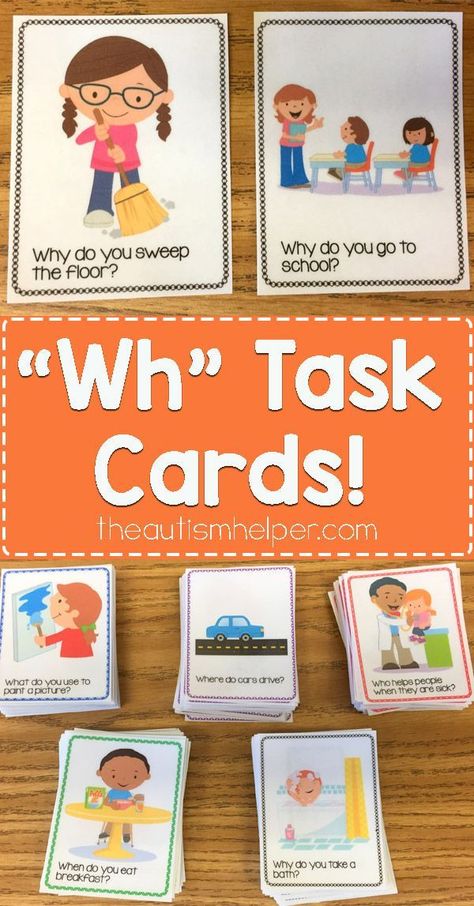 If you have students working on "wh" questions, try our task cards! The set includes “what”, “where”, “who”, “when”, & “why” cards with 45 question cards in each! From theautismhelper.com #theautismhelper Slp Nonverbal Activities, Aba Therapy Ideas, Wh Questions Speech Therapy, Speech Therapy Free, Aba Activities, Aba Therapy Activities, Who Questions, Why Questions, School Speech Therapy