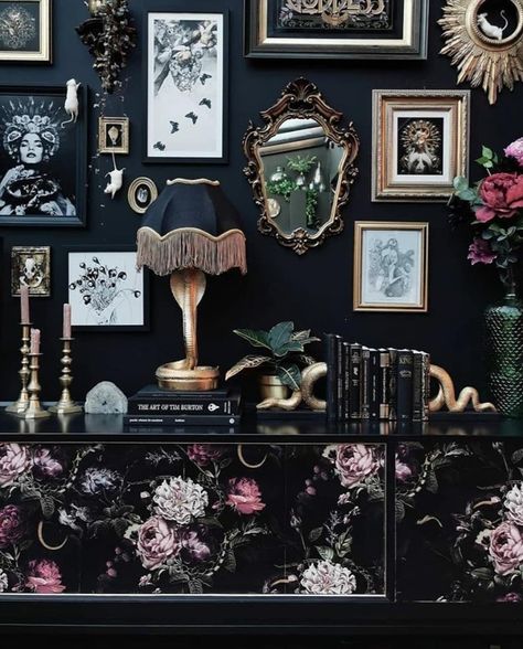 Gothic Multi-Shop Marketplace on Instagram: “Interior goals 🖤😍 Who else would love this to be their space? 💜 📷 84_square . . . #gothic #gothicfashion #gothicart #gothicgirl…” Gothic Wallpaper Wall, Collector Home Decor, Goth Hallway Decor, Goth Victorian Aesthetic House, Gothic Wall Collage, Gothic Collage Wall, Goth Collage Wall, Gothic Victorian Maximalism, Goth Home Aesthetic Modern