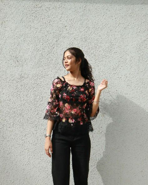 A floral top paired with baggy black jeans . #explore #explorepage #INfits #OOTD #outfitinspiration #exploremore #black #allblack #floral #fashion #fashionexperimemts Black Top With Floral Embroidery For Night Out, Black Tops With Floral Embroidery For Night Out, Black Floral Print Party Tops, Flowy Black Top With Floral Print, Forever 21 Black Floral Print Top, Black Floral Top, Floral Fashion, Baggy Jeans, Floral Top