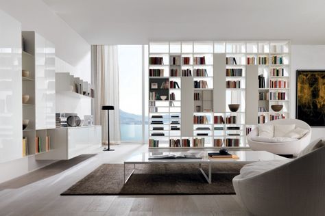 Living room designs by Gruppo Euromobil Snug Library, Double Sided Bookcase, Library Room Design, Glass Closet, Bookcase Design, Contemporary Room, Design Del Prodotto, Room Dividers, Modern Furniture Living Room