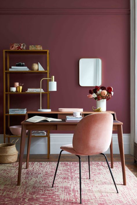 5 property updates that will increase your home's value by 20% (and help it sell faster) Feminine Home Office Wallpaper, Burgundy Study Room, Mauve Home Office, Mauve Office Ideas, Mauve Office, Burgundy Office, Colourful Room, Burgundy Room, Pink Home Office