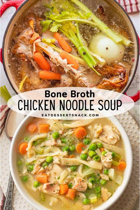 Homemade chicken noodle soup with bone broth and homemade egg noodles, veggies, and simple seasoning. It's an old fashioned chicken noodle soup recipe, perfect for cold weather dinner! It's the perfect healthy soup recipe in winter. Simple Bone Broth Soup, Old Fashioned Chicken Noodle Soup Recipe, Bone Broth Chicken Noodle Soup, Old Fashioned Chicken Noodle Soup, Recipes With Chicken Broth, Soup With Bone Broth, Soup With Beef Broth, Bone Broth Soup Recipes, Cold Weather Dinner