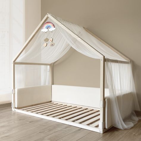 House Bed Double, Built In Floor Bed, Toddler Girl Room Floor Bed, Toddler House Bed Girl, Schoolhouse Nursery, House Bed Decor, House Bed Girls Room, Montesorri Bed, Montessori Bedroom Ideas