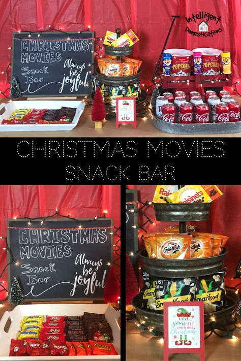 Movie Night Snack Bar Ideas. Create a fun and festive Christmas Movie Night Snack Bar at home for the holiday season. Ideas for decorations, using what you have and snacks to have on your snack bar. Plus my tip for where to hide the snack refills so no one will find them. #christmasideas #movienight #festivechristmas Movie Night Snack Bar, Movie Snacks At Home, Family Christmas Movie Night, Movie Snack Bar, Snack Bar Ideas, Coco Bar, Christmas Party Snacks, Birthday Movie, Backyard Movie Party