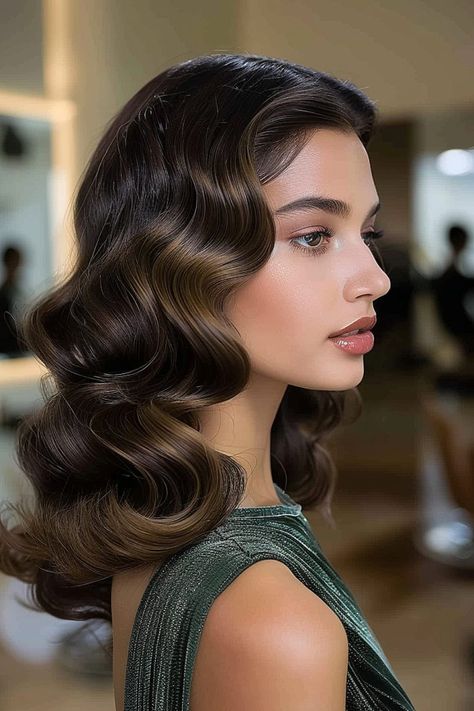 Long hair with sculpted waves and dimensional lowlights adding depth. Hairstyles For Different Dresses, Glam Curls Short Hair, Bridal Hair Styles Medium Length, Finger Wave Wedding Hair, Hair Waves Medium Length, Medium Length Hollywood Curls, Chic Wedding Hair Down, Old Hollywood Glam Curls, Medium Length Hair Styles Bridesmaid