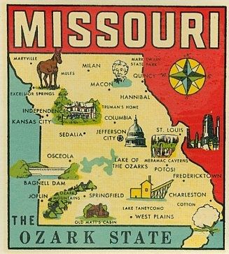 VINTAGE MISSOURI OZARK STATE MAP GOLDFARB SOUVENIR TRAVEL WATER DECAL STICKER Eritrea Map, Meramec Caverns, Hitty Dolls, Straw Bonnet, Missouri History, Packing Wardrobe, State Posters, Missouri State, Doll Bed