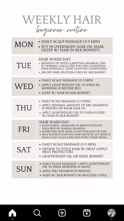 One Week Hair Care Routine, No Wash Hair Routine, Weekly Hygiene Routine, Beginner Hair Care Routine, Hair Care Routine For Beginners, Weekly Curly Hair Routine, Morning Hair Care Routine, Hair Routine Weekly, Hair Care Weekly Routine