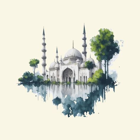 Mosque Drawing, Watercolor Vector, Islamic Background, Eid Al Fitr, Quran Verses, Anime Background, Abstract Art Painting, Premium Vector, Quran