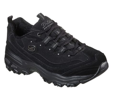 Keep that classic comfortable style and comfort going with the Skechers D'Lites - Play On shoe. This stylish sporty lace-up sneaker features a trubuck leather upper with an cushioned Air-Cooled Memory Foam insole. | Skechers Women's D'Lites - Play On Sneaker | Wide Width | Air-Cooled Memory Foam comfort insole | Skechers D'Lites sporty lace-up fashion sneaker design | Smooth trubuck leather upper with embellished accents | Lightweight shock-absorbing supportive midsole | Flexible traction outsol Skechers D'lites, Womens Walking Shoes, Black Skechers, Skechers D Lites, Sneaker Design, Basket Noir, Shoes Walking, Sporty Casual, Fabric Shoes