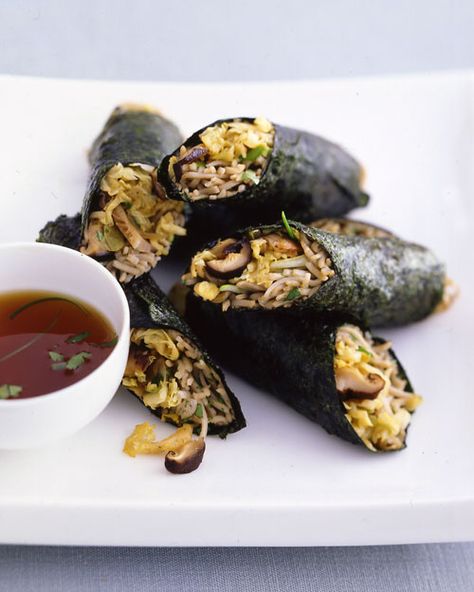 Shiitake Nori Rolls - Martha Stewart Recipes Cooked Sushi Rolls, Nori Rolls, Nori Sheets, Vegan Appetizers Recipes, Asian Vegetarian Recipes, Dried Seaweed, Roll Sushi, Cabbage Roll, Shredded Cabbage