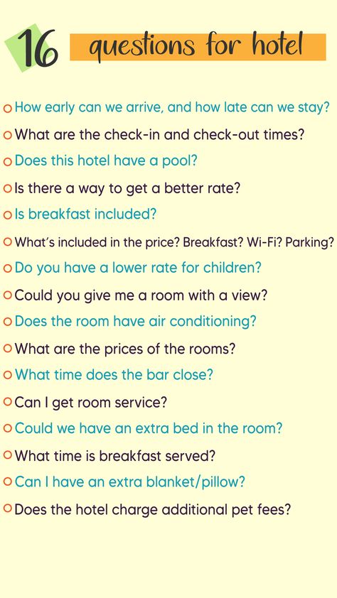 16 English questions used in hotels 
Hotel Vocabulary
#vocabulary 
#conversation Hotel Conversation In English, Hotel Vocabulary English, English Questions, English Vinglish, English Club, English Word Book, Comprehension Exercises, English Teaching Materials, English Conversation