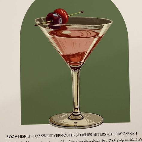 Relish the timeless charm of a Manhattan! 🥃🍒 Featuring whiskey, sweet vermouth, and a dash of bitters, this cocktail is a true classic. Perfect for those who appreciate the elegance of a well-crafted drink! 🍸 #nyfw #weddingmenucard #midcenturyhome #midcenturydesign #retroaesthetic #midcenturydecor #vintageposter #midcenturystyle #vintageposters #autumndecor #WallArtDecor #midcenturyliving #manhattan #manhattanview #manhattan #manhattannyc #manhattancocktail #manhattancocktails #manhattancoc... Manhattan Cocktail Aesthetic, Vintage Cocktail Art, Vintage Cocktail Poster, 1950s Cocktails, Retro Cocktails, Manhattan Aesthetic, Cart Aesthetic, Manhattan Drink, Nye 2024