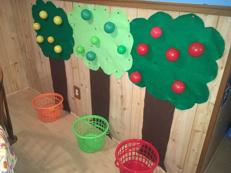 Pretend Play Apple Picking, Pretend Apple Picking, Velcro Apple Tree, Diy Apple Tree Classroom, Apple Tree Dramatic Play, Apples Gross Motor Activities, Pretend Play Apple Orchard, Classroom Apple Tree, Apple Orchard Crafts Preschool