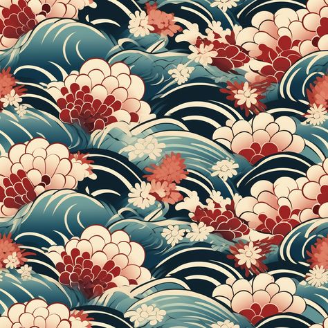 This is an attractive image of a beautiful Japanese wave and flower design. The wave pattern dances elegantly and the flowers are in full bloom, which can be seen at a glance. This design gives off a traditional Japanese feel. The appeal of Japanese patter Ocean Pattern Design, Imaginative Composition, Murmuration Art, Kimono Patterns, Beauty Of Japan, Goods Design, Japan Pattern, Retro Japan, Japanese Wave