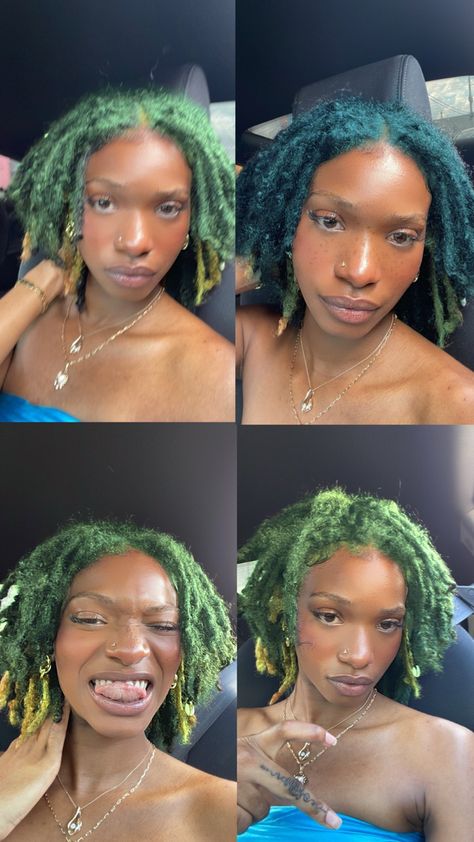 Dark Green Locs Black Women, Green And Blonde Locs, Dyed Roots On Locs, Green Locs Black Women, Infinity Locs, Locs With Color, Green Locs, Color Locs, Green Hair Dye