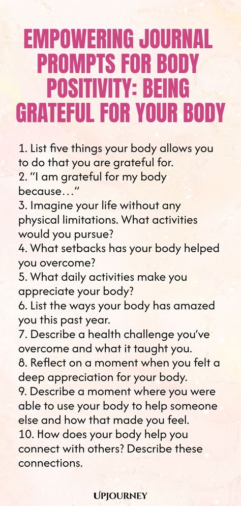 Explore these empowering journal prompts that focus on body positivity and help you appreciate your body even more. Use these prompts to cultivate a sense of gratitude towards your body and embrace self-love. Start your journey towards self-acceptance and body confidence with these thoughtful writing exercises. Let's celebrate our bodies with kindness and positivity! Journal Thoughts, Work Etiquette, Psychology Terms, Relationship Quizzes, Journal Questions, Being Grateful, Happiness Journal, Daily Journal Prompts, Journal Lists