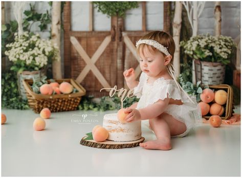 Peach Cake Smash Photoshoot, One Sweet Peach Birthday Photoshoot, One Sweet Peach Photoshoot, Cake Smash Girl Theme, 1 Year Picture Ideas, One Sweet Peach Cake Smash, Peach First Birthday Cake, One Sweet Peach Birthday Cake, Peach Smash Cake