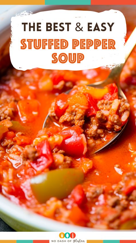 Indulge in the comfort of Stuffed Pepper Soup, a hearty blend of bell peppers, ground beef, and savory spices. Quick, nutritious, and irresistibly delicious, it's perfect for any meal. Ready in just 45 minutes, it's sure to become a family favorite. Pin this recipe now for a warm and satisfying dinner experience! Stuffed Pepper Soup Recipe Best, Sweet Pepper Soup, Stuffed Bell Peppers Soup, Crock Pot Stuffed Pepper Soup, Stuffed Green Pepper Soup, Easy Stuffed Bell Pepper Soup, Stuffed Bell Pepper Soup, Unstuffed Pepper Soup, Stuffed Pepper Soup Crockpot Easy