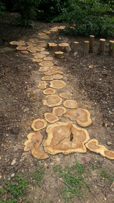 Wood Round Walking Path, Butterfly Garden Plants, Wood Walkway, Cahuita, Natural Landscaping, Natural Fence, Hillside Garden, Garden Walkway, Landscaping With Large Rocks