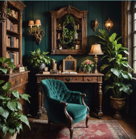 Dark Academia Living Room, Dark Academia Interior, Sage Green Living Room, Dark Green Living Room, Academia Bedroom, Sofa Table Decor, Teal Living Rooms, Shed Interior, Art Deco Living Room