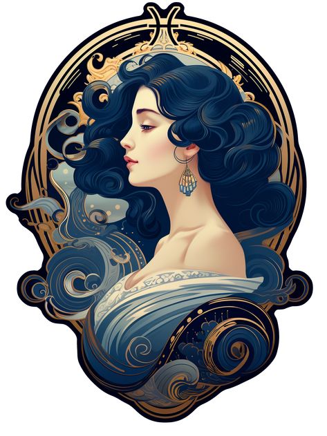 Ocean Art Nouveau, Ocean Woman Art, Sea Art Nouveau, Art Nouveau Waves, Pisces Woman Art, Zodiac Pisces Art, Art Nouveau Zodiac, Pisces Illustration, Pisces Zodiac Art