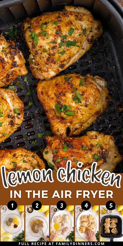 This will become your favorite chicken recipe! These air fryer lemon chicken thighs are cooked to perfection. Crispy skin, perfectly seasoned with a homemade lemon pepper rub. You won't be able to eat just one. This gluten free chicken recipe is a great weeknight dinner. Less than 30 minute dinner is also dairy free. Air Fried Lemon Chicken, Bone In Chicken Thigh Air Fryer, Air Fryer Chicken Bone In, Air Fryer Greek Lemon Chicken, Lemon Pepper Chicken Breast Air Fryer, Chicken Thigh Recipes Lemon Pepper, Italian Air Fryer Recipes, Skin On Bone In Chicken Thigh Recipes Air Fryer, Air Fried Chicken Thighs Bone In