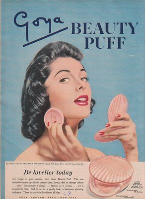 Goya Beauty Puff Vintage Ad Zine Ideas, Vintage Makeup Ads, History Bounding, Fall Board, Trend Board, Beauty Advertising, Makeup Ads, Retro Beauty, Vintage Lifestyle