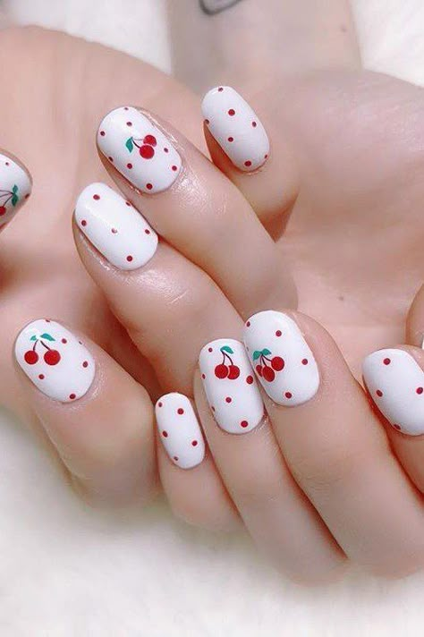 Cherries Nail Art, Smoothie Nails, Food Nails Designs, Cutecore Nails, Fruity Nails, Food Nail Art, Pretty Pedicures, Polka Dot Nail Designs, Fruit Nails