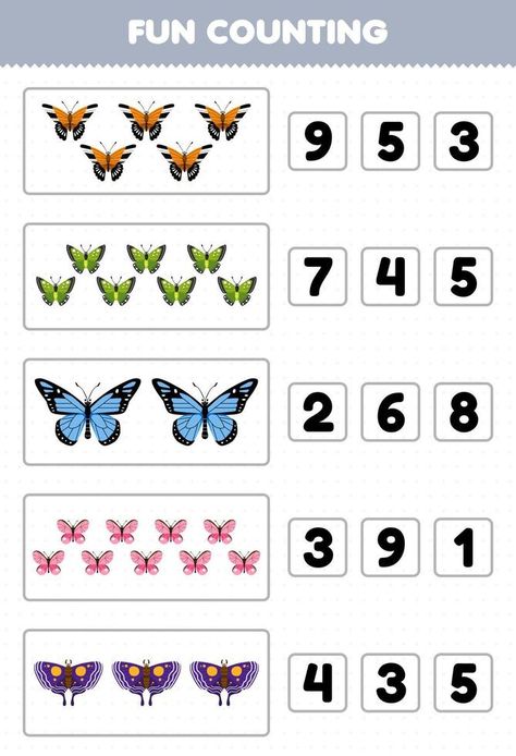 Butterfly Math Activities, Butterfly Worksheet, Bug Printable, Cute Cartoon Butterfly, Preschool Homework, Bee Activities, Kids Worksheets Preschool, Free Preschool Worksheets, Preschool Math Worksheets