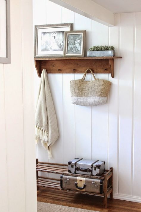 Shelf By Front Door, Hallway Hanging Shelf, Entry Way Hooks And Shelf, Entryway Coat Rack Ideas, Hooks Under Shelf, Entry Way Shelf, Neutral Entryway, Entry Shelf, Simple Entry