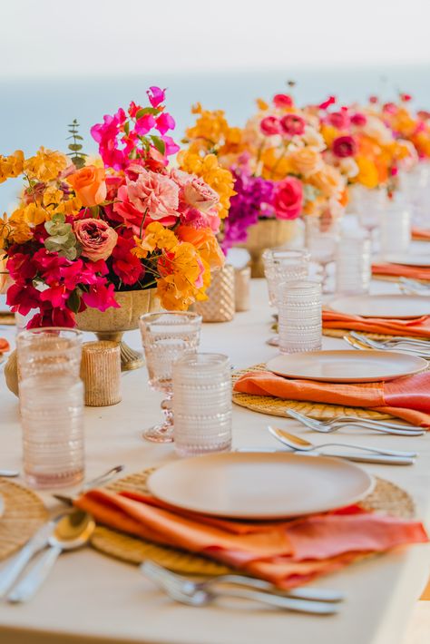 Vibrant Wedding Centerpieces, Colorful Floral Arrangement Centerpiece, Colorful Mexico Wedding, Colorful Flower Arrangements Wedding, Vibrant Floral Wedding, Bright Flower Wedding Decor, Colorful Summer Wedding Flowers, Whimsical Wedding Tables, Bright Table Setting