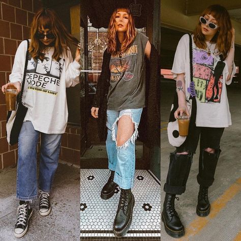 ᑎIᑕOᒪE ᗩᒪYᔕE🙃 on Instagram: “Baggy tees and baggy jeans 🦋 Which look is your fav?” Baggy Jeans And Band Tee, Baggy Band Tee Outfit, Band T Outfit, Baggy Tee Outfit, Band Tee Outfits Grunge, Band Tees Outfits Grunge, Rock Tees Outfit, Oversized Band Tee Outfits, Baggy Clothes Outfit