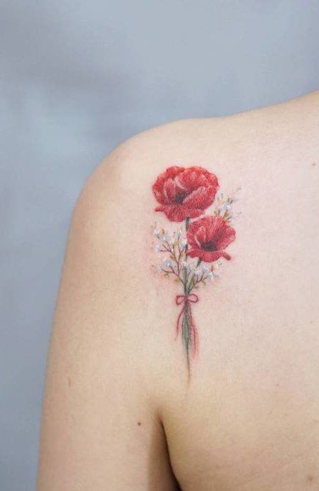 Art Nouveau Tattoo Flower, Dainty Flower Tattoos, Tribute Tattoo, Wildflowers Tattoo, Rose Tattoo On Back, Poppy Flower Tattoo, Simple Flower Tattoo, Flower Bouquet Tattoo, Art Nouveau Tattoo