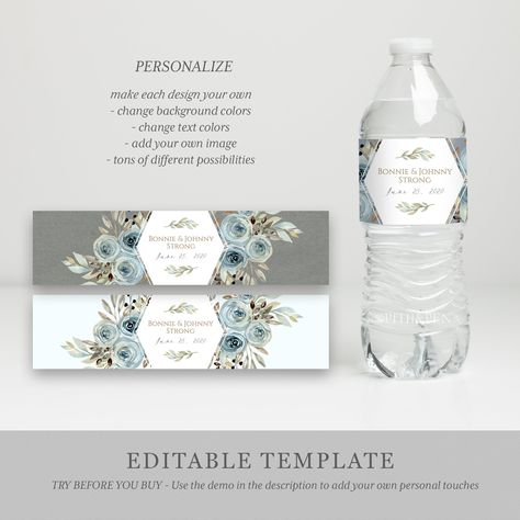 Water Bottle Labels Free Printables, Brown Water Bottle, Blue Logo Design, Bottle Lables, Engagement Event, Water Bottle Label Design, Water Bottle Labels Wedding, Wedding Water Bottles, Water Bottle Labels Template