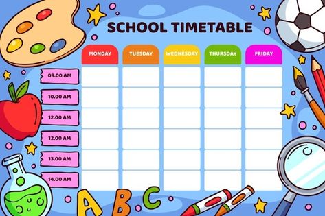 Free Vector | School timetable template with cartoon style School Timetable Template, Timetable Design, Study Plan Template, Timetable Template, Preschool Schedule, School Timetable, School Template, School Illustration, Flashcards For Kids