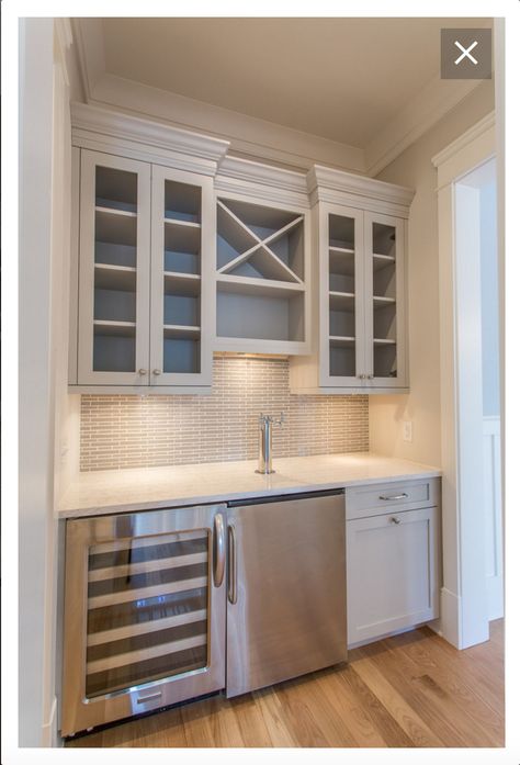 Trim:  Sherwin Williams "Chapel of Ease" DCL040.  Cabinets: Benjamin Moore "Nimbus" 1465.  Love this Butlers Pantry! Built In Wet Bar, Design Homes, Coffee Bars In Kitchen, Basement Kitchen, Built In Bar, Butler Pantry, Neutral Paint, Basement Flooring, Butler's Pantry