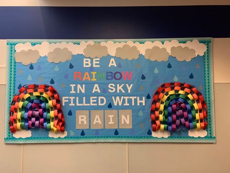 Rain Theme Classroom Door, Weather Themed Bulletin Board, Sky Themed Classroom, Rainbow Theme Bulletin Board, Preschool Display Boards, Infant Bulletin Board, Daycare Decorations, Weather Bulletin Board, Preschool Displays