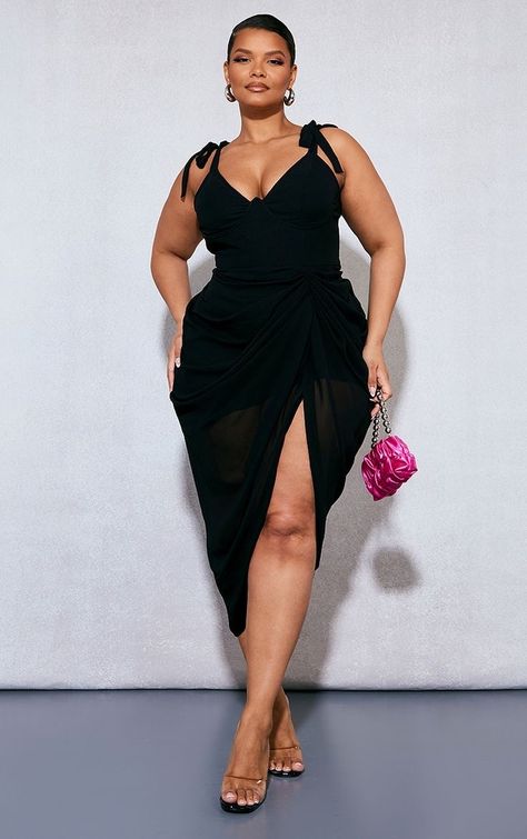 Curvy Slip Dress, Curvy Elegant Dress, Plus Size Glam Outfits, Plus Size Slip Dress Outfit, Dress Big Bust, Leslie Sidora, Draped Midi Dress, Prom After Party, Dresses Dinner Party