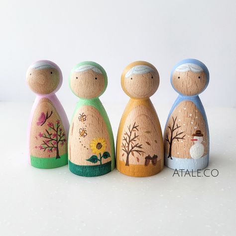 Season Peg Doll Set Waldorf/season Table - Etsy Winter Fairies, Girls Night Crafts, Wooden People, Wooden Peg Dolls, Wood Peg Dolls, Spring Summer Autumn Winter, Winter Fairy, Peg People, Henry David Thoreau