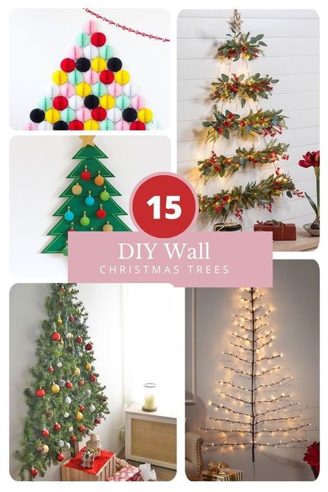 Have a small space or kids or pets that might not do well with a traditional Christmas tree? Try out some of these alternative Christmas tree options. #christmas #christmastree #alternativetree Stick Wall Tree, Half Wall Christmas Tree, Ikea Wall Tree Hack, Christmas Tree On A Wall Ideas, Diy Wall Hanging Christmas Tree, Wall Tree Christmas Diy, Wall Trees Christmas, Corner Wall Christmas Tree Ideas, Diy Paper Christmas Tree Wall